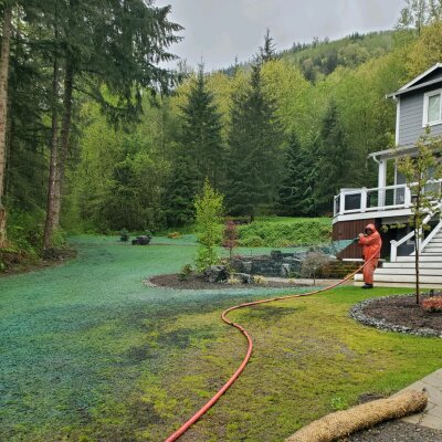 Hydroseeding process on lawn with worker, house, and forest in Washington State.